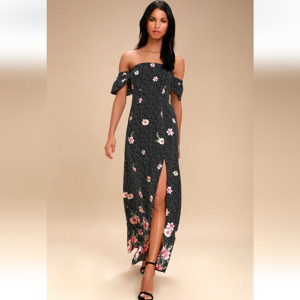 New Lulu's dancing daisies black floral print polka dot off shoulder dress